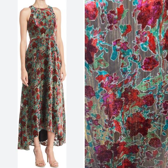 NWT AIDAN MATTOX DRESS BURNOUT VELVET GOWN FLORAL RED GREEN GOLD METALLIC MAXI - Picture 1 of 16